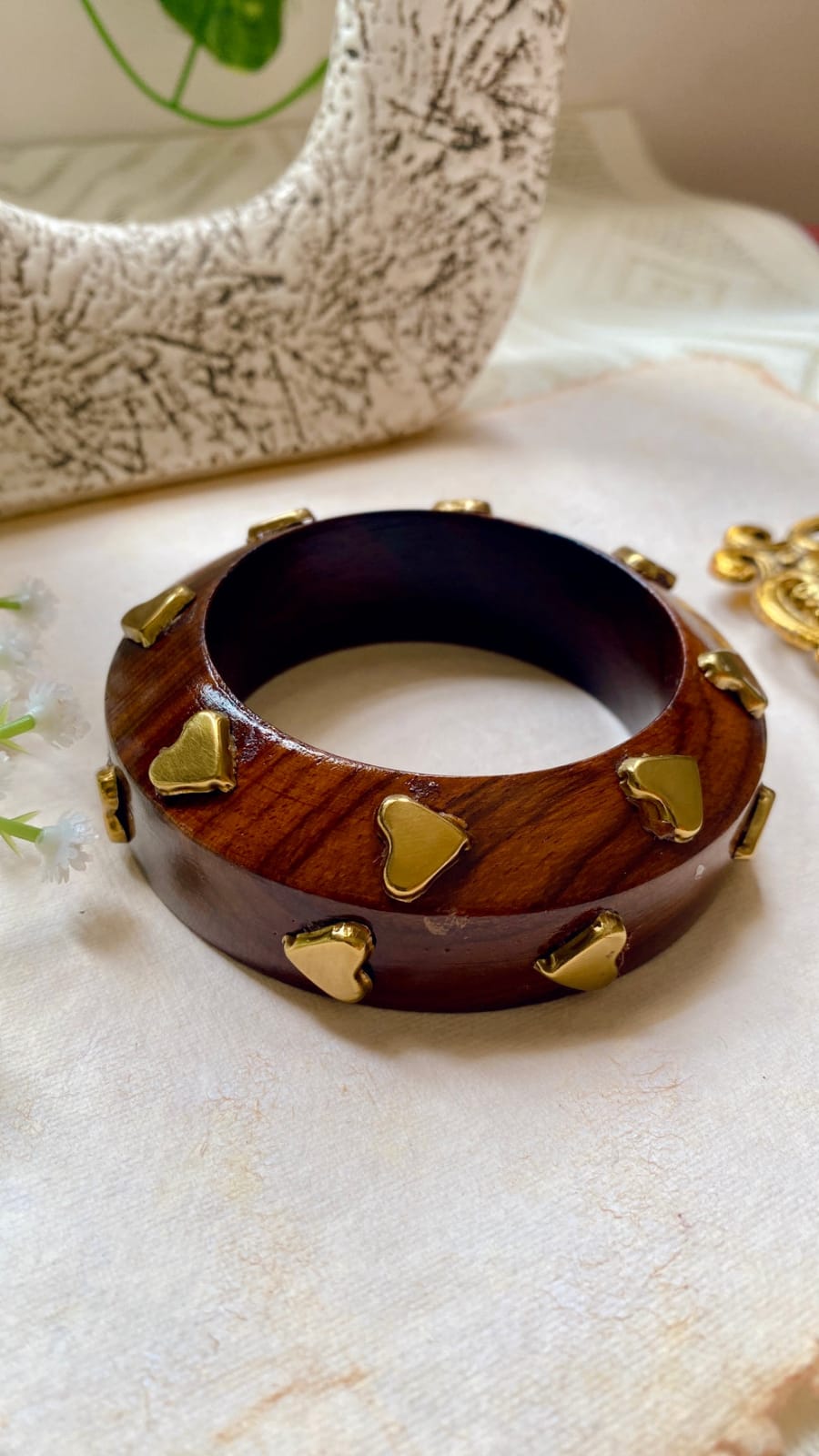 Heart-Embellished Wooden Bangle (Size:2.6)