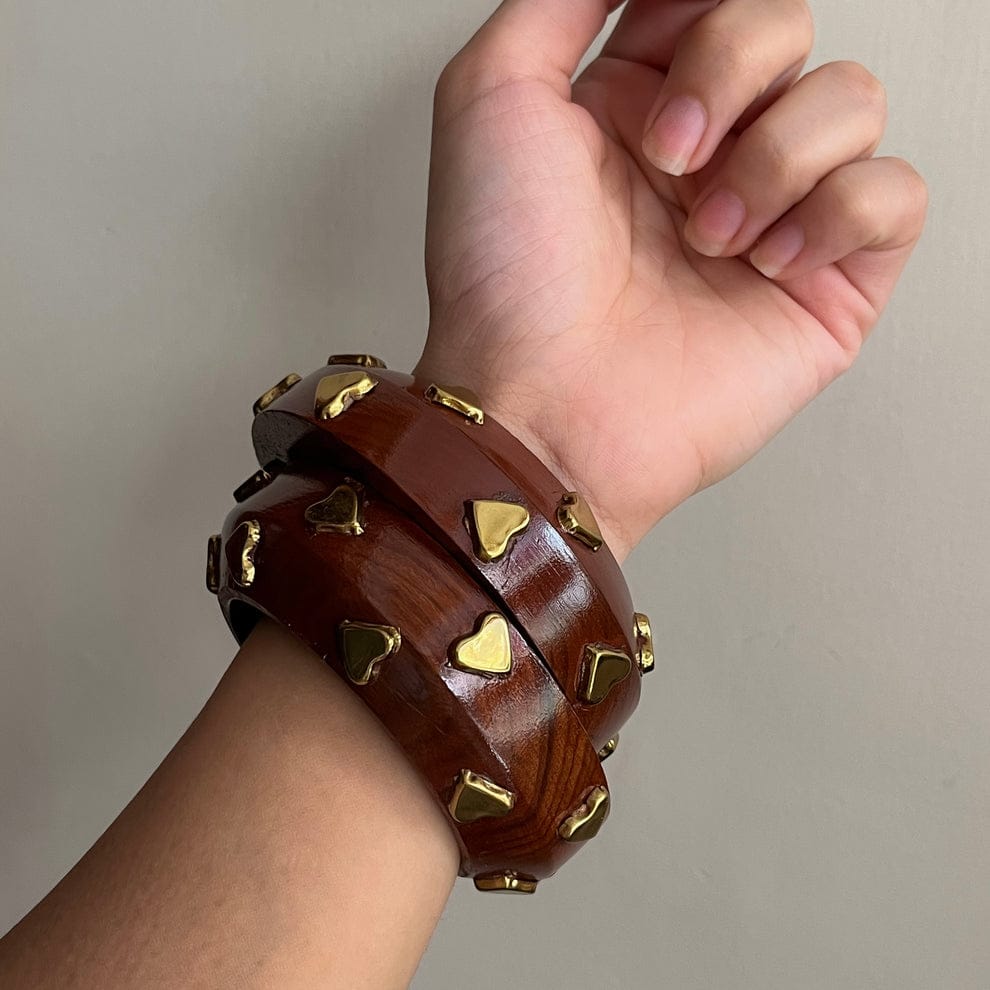 Heart-Embellished Wooden Bangle (Size:2.6)