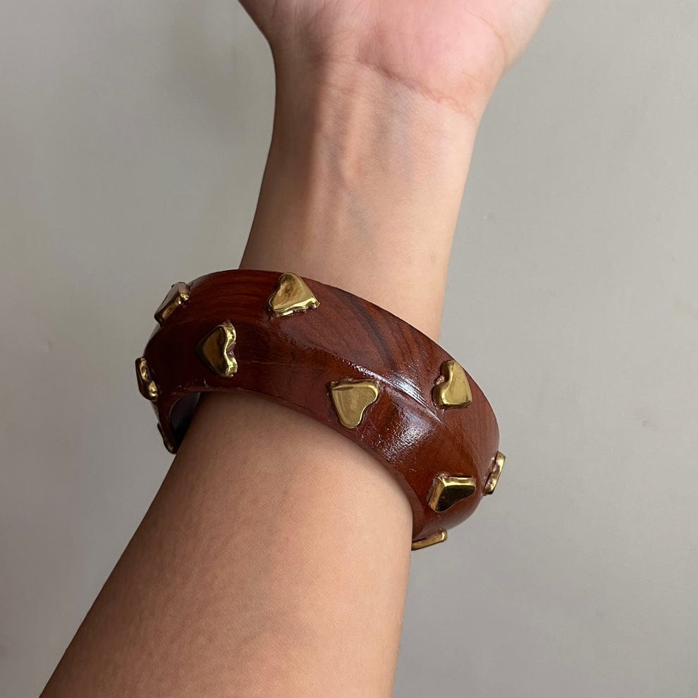 Heart-Embellished Wooden Bangle (Size:2.6)
