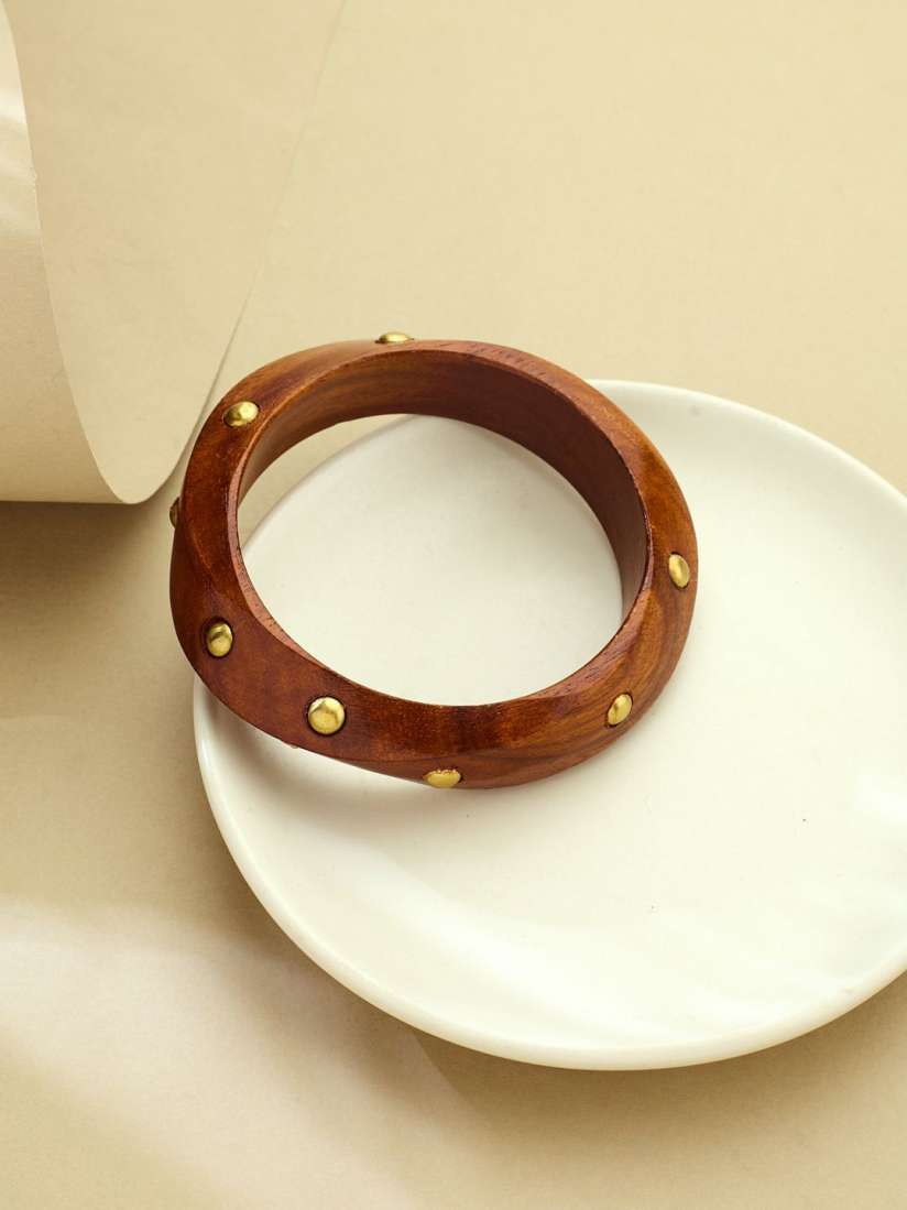 Rustic Wooden Bangle with Brass Studs (Size:2.6)