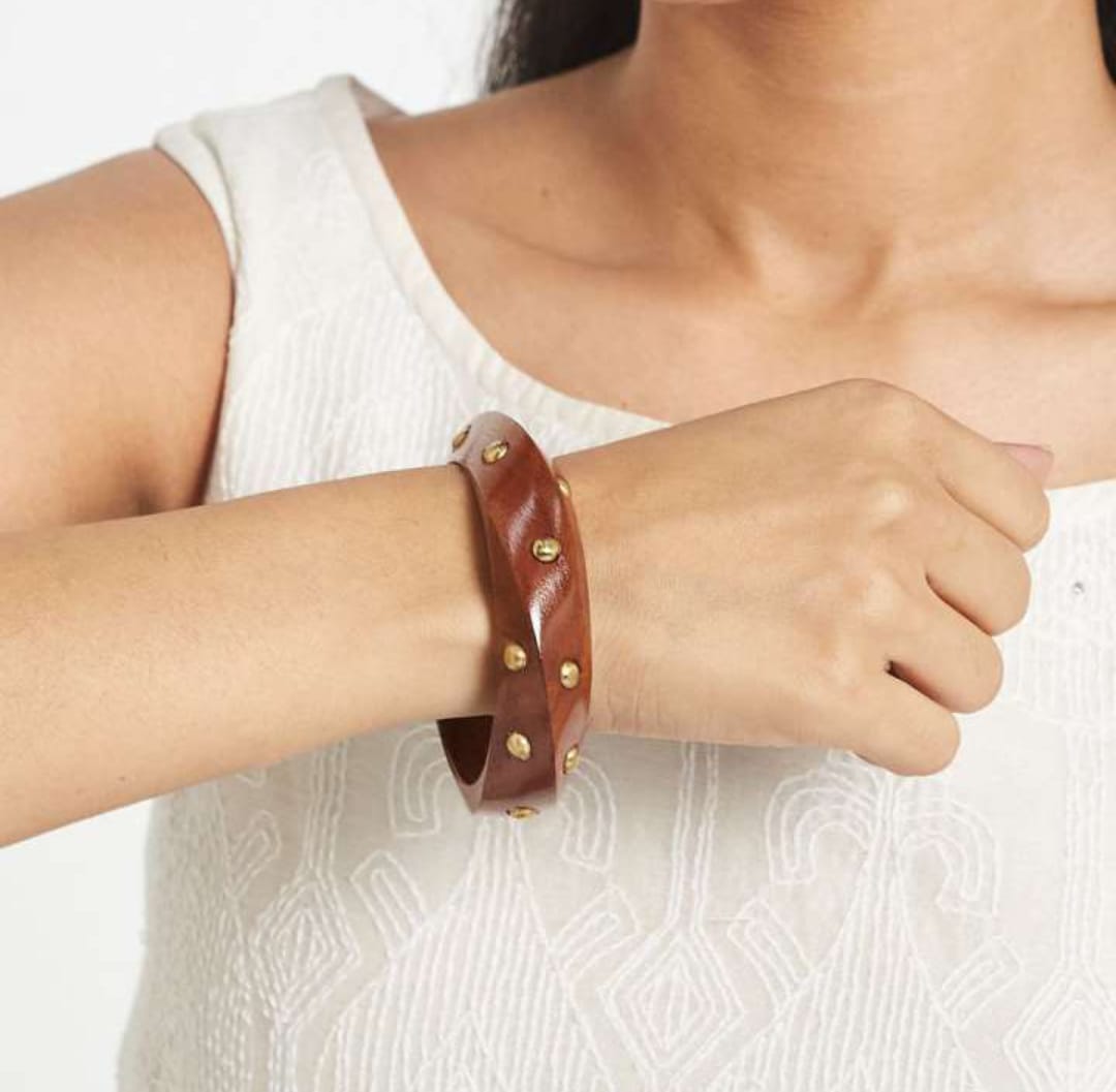 Rustic Wooden Bangle with Brass Studs (Size:2.6)