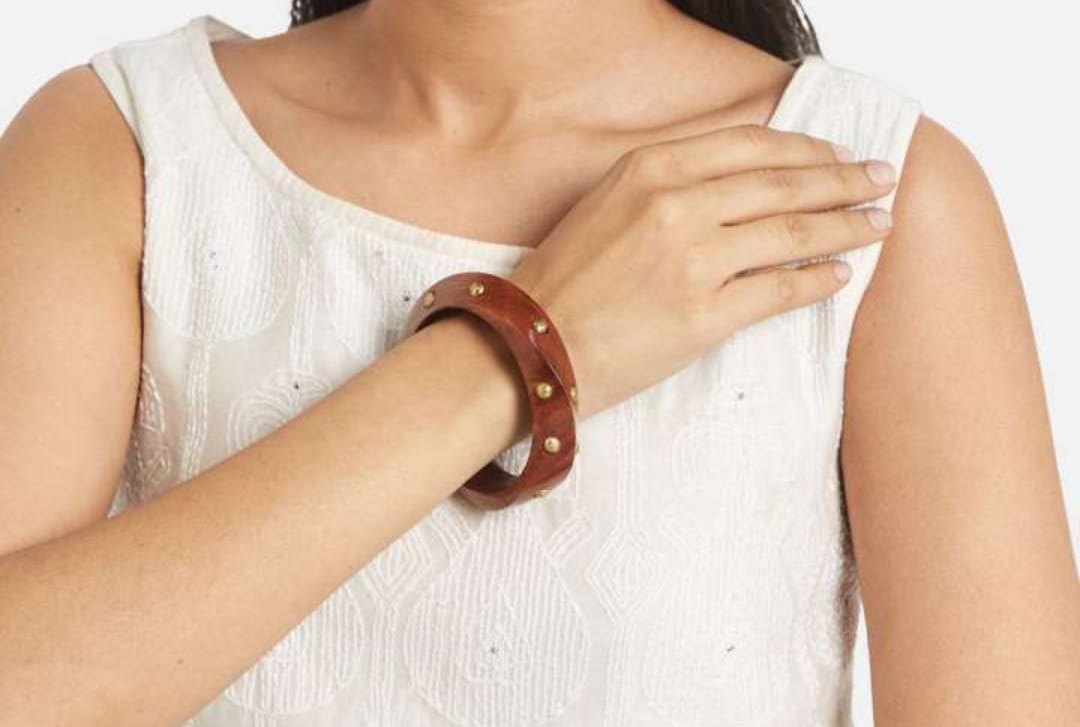 Rustic Wooden Bangle with Brass Studs (Size:2.6)