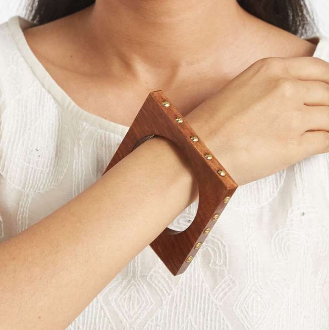 Studded Square Wooden Statement Bangle (Size:2.6)